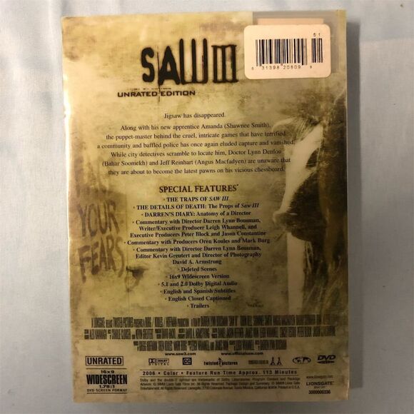 Saw III Unrated Edition DVD Widescreen Horror Movie 2006 - Picture 2 of 2